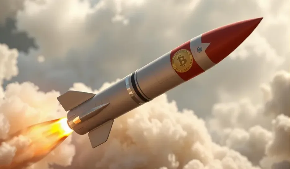 Un missile attraversa le nuvole portando l'insegna del Bitcoin