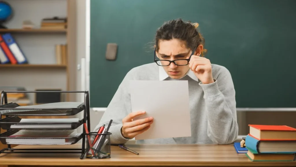Insegnante che legge un documento in aula mentre valuta le novità della Carta Docenti 2026