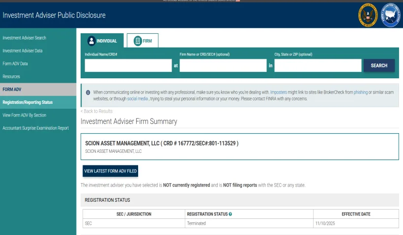 Il file della Sec che testimonia come il processo di registrazione del fondo di Michael Burry, Scion asset management risulti terminato