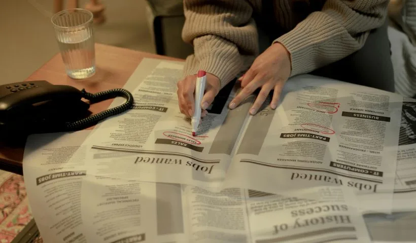 Una donna in cerca di lavoro sottolinea delle offerte su un giornale steso su una scrivania.