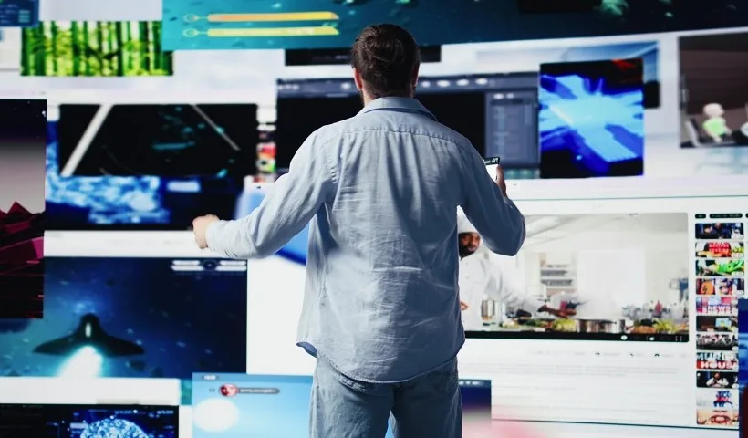 Un esperto di e-commerce davanti ad uno schermo multimediale