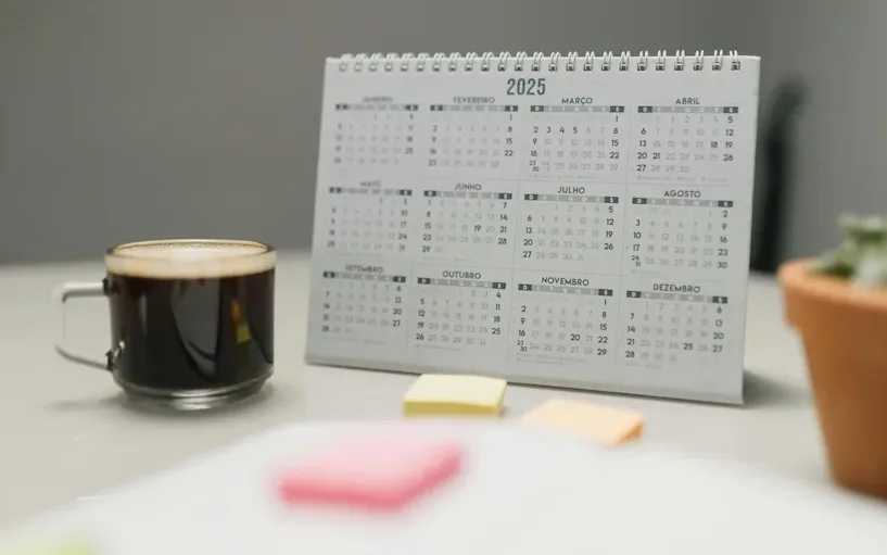 Calendario da tavolo 2025 su una scrivania con caffè e post-it, utile per organizzare le scadenze fiscali dicembre 2025.