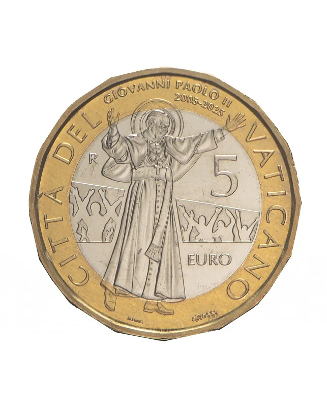 La moneta bimetallica da 5 euro del Vaticano per il ventesimo anniversario della morte di Giovanni Paolo II