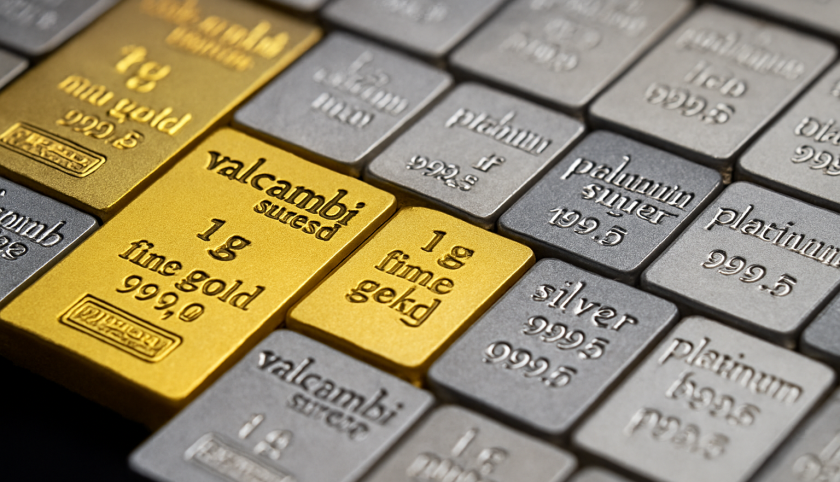 Lingotti di oro, argento e platino di dimensioni diverse