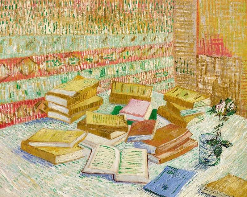 Piles de romans parisiens et roses dans une verre (Romans parisiens) di Vincent van Gogh