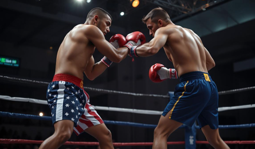 Due pugili si affrontano sul ring. Uno indossa pantaloncini con i colori della bandiera statunitense, l'altro, a destra pantaloncini dell'Unione europea