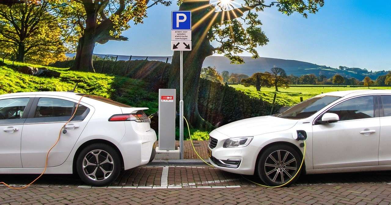 Immagine di due auto elettriche in ricarica in una stazione
