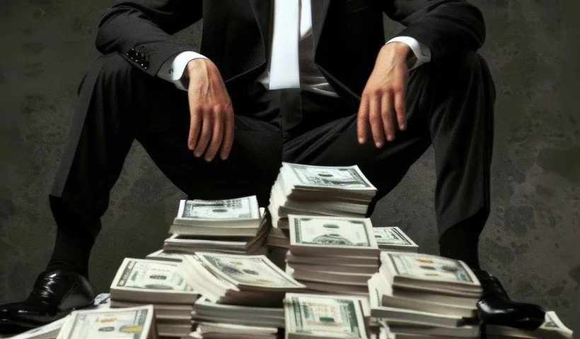 Un guru della finanza seduto su una montagna di dollari