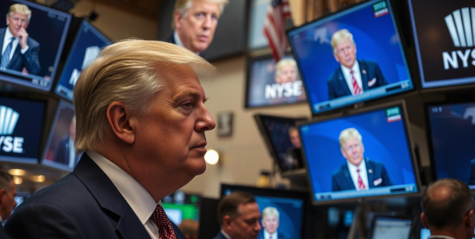Donald Trump osserva gli schermi dentro la Borsa di Wall Street, e gli schermi restituiscono la sua immagine