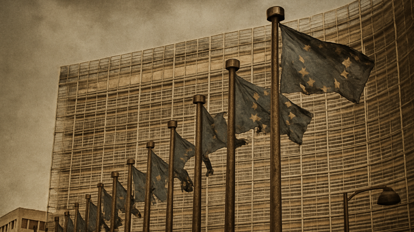 Il palazzo sede dell'Unione europea e le bandiere dell'Unione europea in una foto modificata dall'intelligenza artificiale in cui appaiono decadenti e strappate