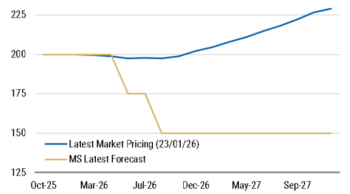 Il grafico a linea mostra, in blu le previsioni del mercato sull'andamento dei tassi di interesse Bce, in crescita, in giallo quelle di Morgan Stanley che prevede ulteriori tagli 
