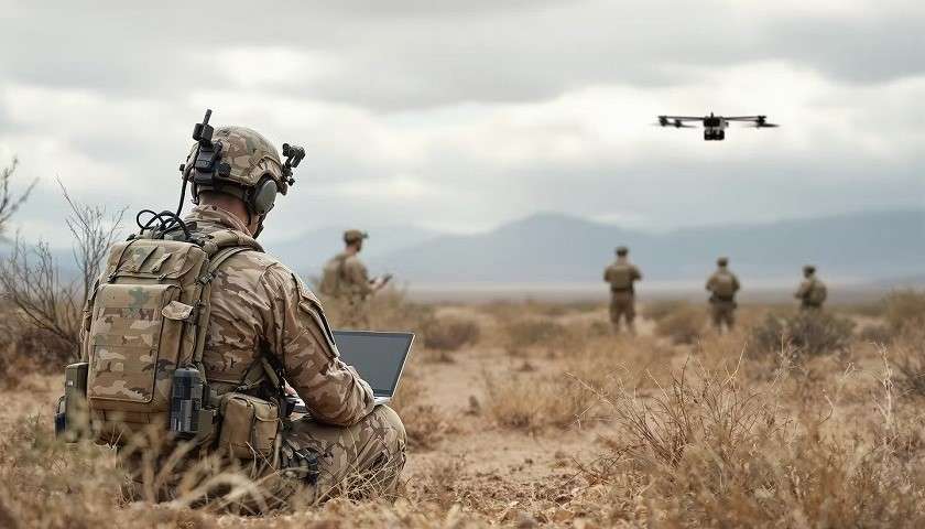Un militare pilota un drone di Harmattan AI
