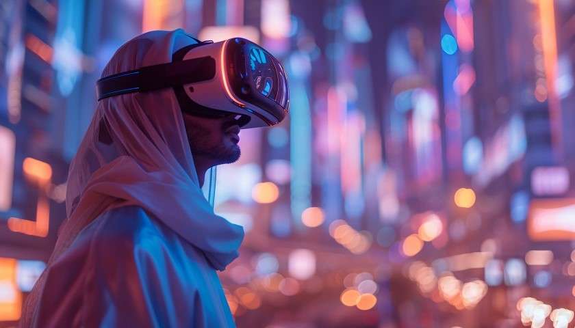 Un uomo con un visore nel paesaggio futuristico di Dubai