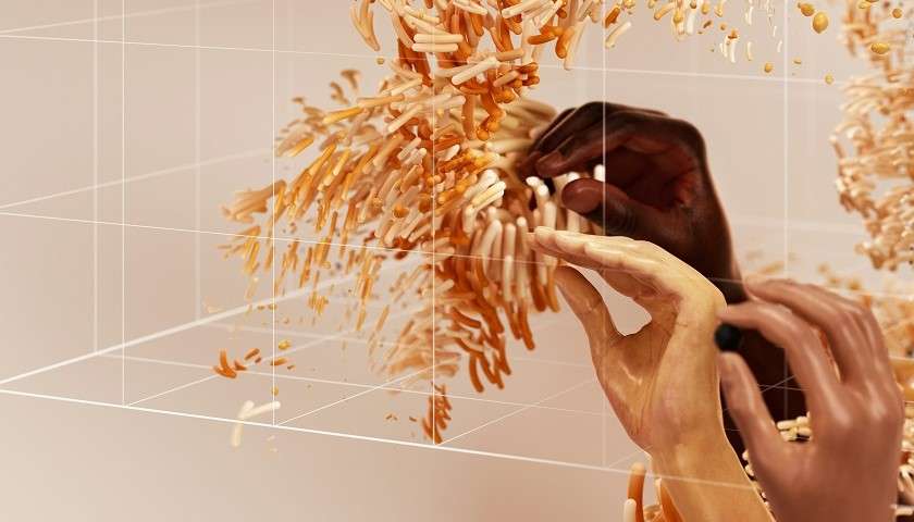 Un gruppo di mani che si allungano verso un'intelligenza artificiale