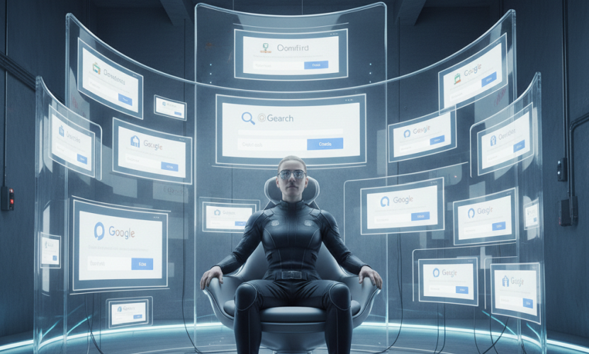 Una donna, con occhiali scuri da realtà virtuale, seduta su una poltrona futuristica, è circondata da numerosi schermi che mostrano un motore di ricerca