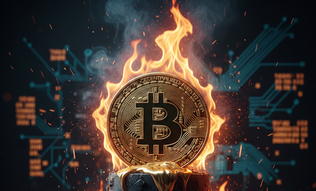 Un bitcoin che va a fuoco