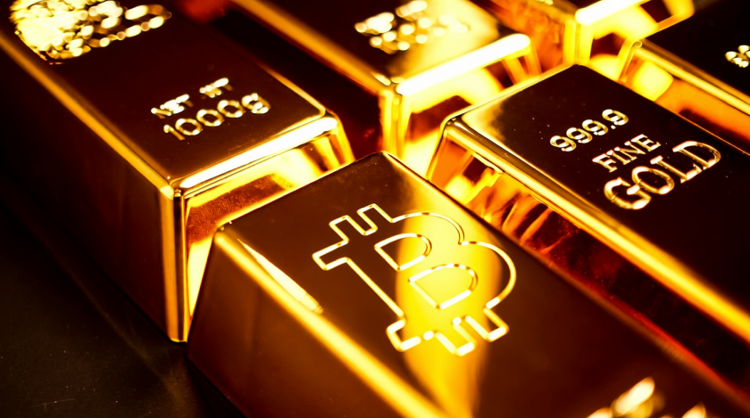 Lingotti d'oro e lingotti di Bitcoin insieme