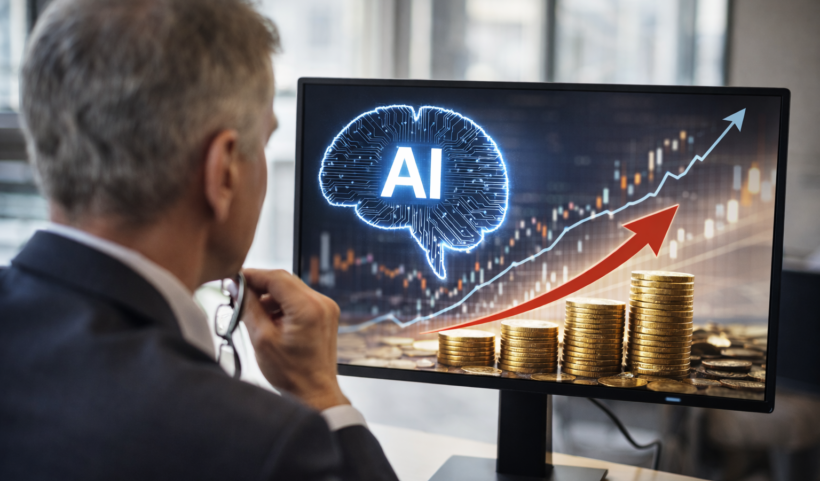Investitore davanti a monitor con grafico finanziario in crescita e riferimento all’intelligenza artificiale, a rappresentare l’impatto dell’IA sull’inflazione e sui mercati.