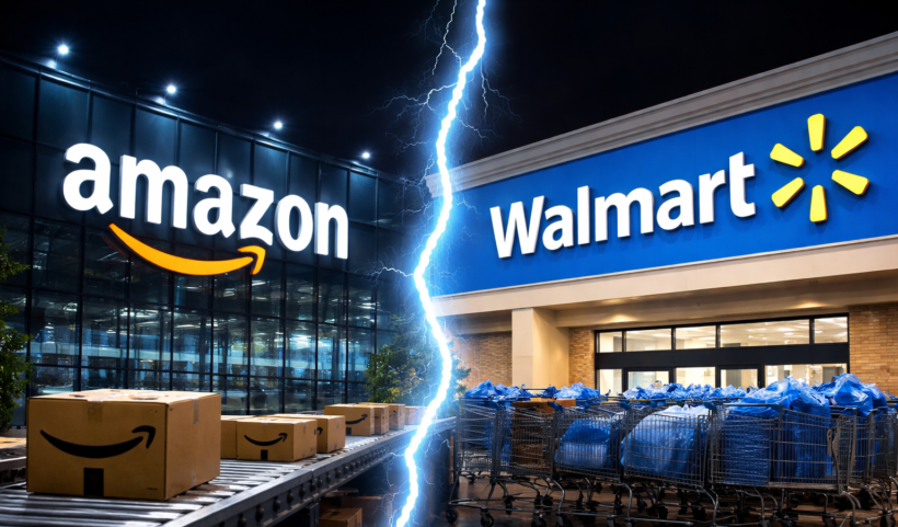 Confronto tra Amazon e Walmart: facciate illuminate dei due colossi retail affiancate di notte