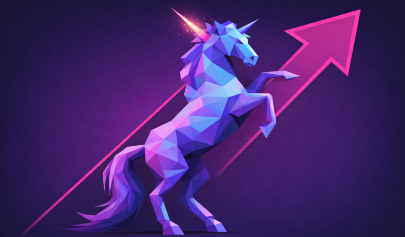 Unicorno stilizzato con freccia verso l'alto, rappresenta unicorno finanziario