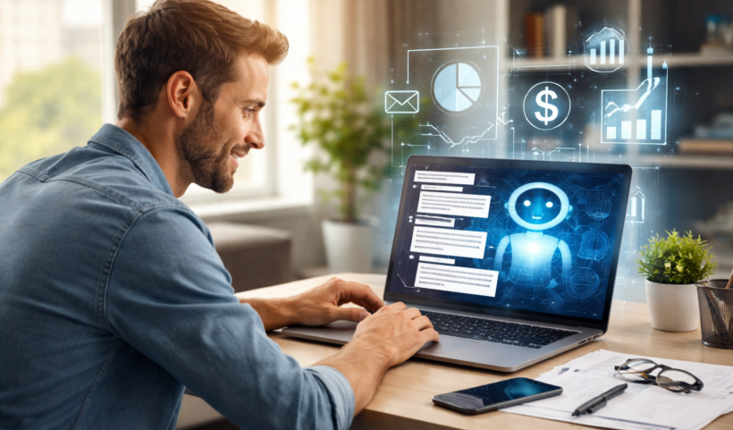 Risparmiatore seduto alla scrivania che consulta un assistente di intelligenza artificiale sul laptop per informarsi di finanza personale e investimenti.