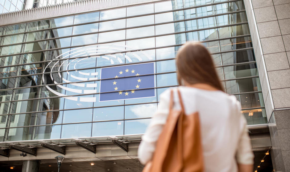 Una donna, di spalle, osserva l'ingresso del Parlamento europeo, sulla cui facciata a vetri è disegnata una bandiera dell'Unione europea