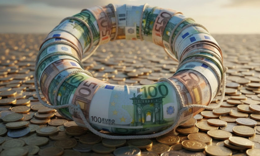 Un salvagente fatto di banconote in euro pogiato su un mare di monete. L'immagine è stata creata con l'intelligenza artificiale di Gemini