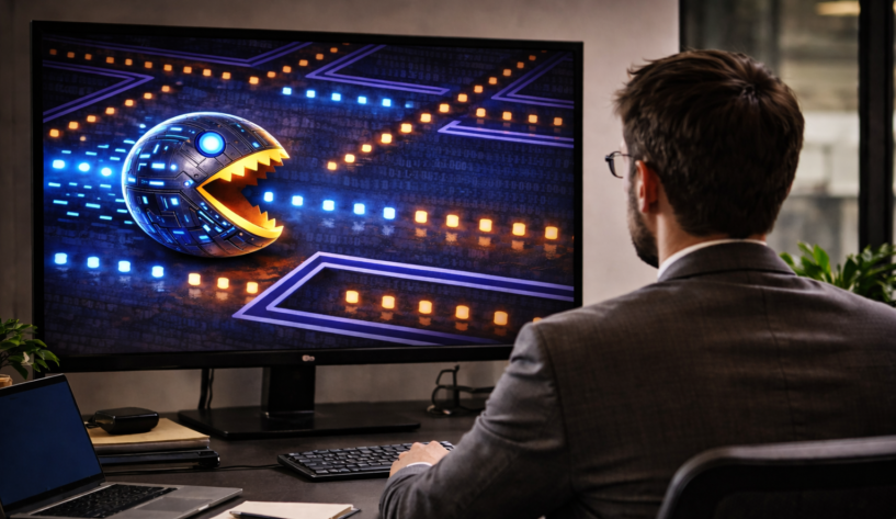 Immagine fotorealistica di un uomo visto da dietro davanti a un grande monitor, mentre osserva sullo schermo un Pac-Man in stile AI: una scena che rappresenta l’impatto dell’intelligenza artificiale sul settore software e sui modelli digitali tradizionali.