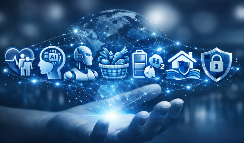 Illustrazione digitale in tonalità blu con icone tecnologiche che rappresentano i grandi trend del 2026