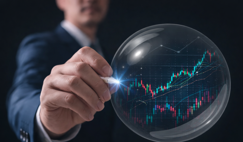 Immagine simbolica della bolla nel private equity: un manager sfiora una sfera trasparente con grafici di Borsa al suo interno, metafora delle valutazioni sotto pressione e dei rischi per il credito privato.
