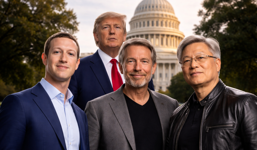 una foto dell'intelligenza artificiale che riprende Trump, Zuckerberg, Ellison e Huang