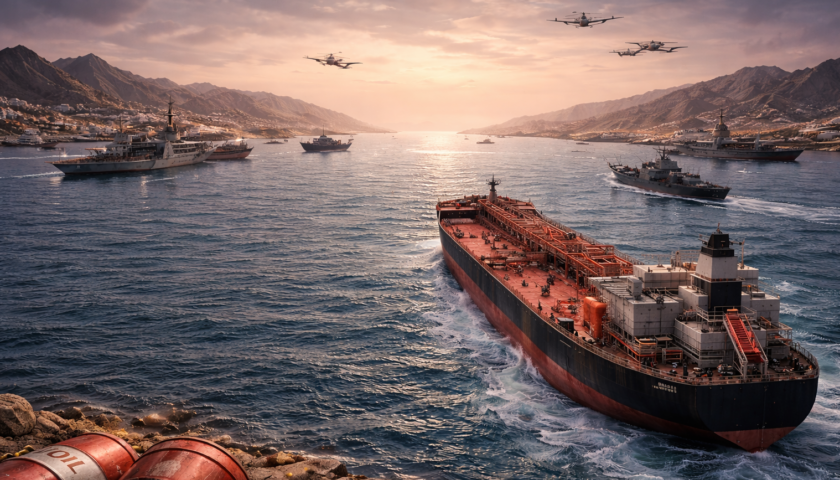 un'immagine che ritrae petroliere nello stretto di Hormuz generata dall'intelligenza artificiale (ChatGPT)