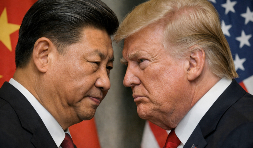 Xi Jinping e Donald Trump faccia a faccia, sguardi tesi e bandiere di Cina e Usa sullo sfondo a simboleggiare il conflitto tra le due potenze.