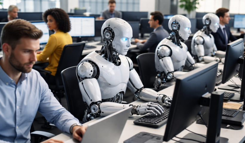 Robotica: Persone e robot seduti alle postazioni in un moderno open space lavorano al computer fianco a fianco, simbolo della convivenza tra lavoro umano e intelligenza artificiale.