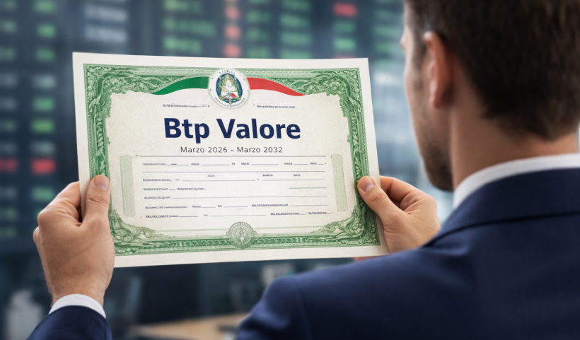 Uomo di spalle in giacca blu che osserva un certificato di Btp Valore 2026-2032 in un ufficio con monitor di Borsa sullo sfondo, simbolo del risparmio privato investito nei titoli di Stato italiani.