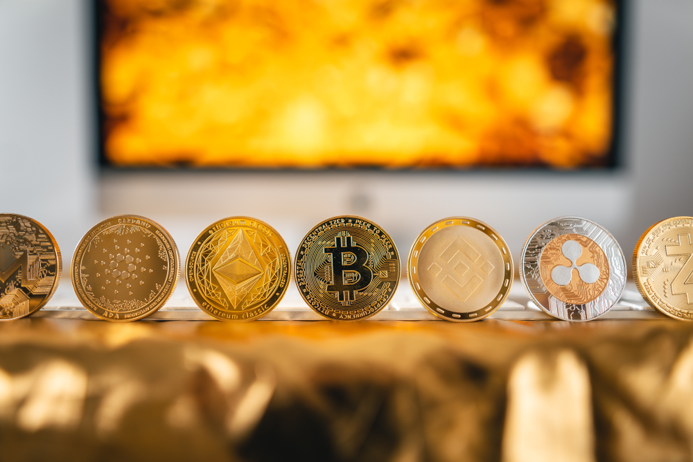 Una fila di criptovalute in equilibrio verticale sulla tastiera di un laptop