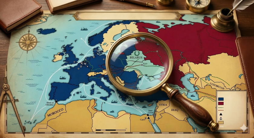 Una mappa geostrategica dell'Europa, colorata, su una scrivania. Una lente di ingrandimento vi sta poggiata sopra