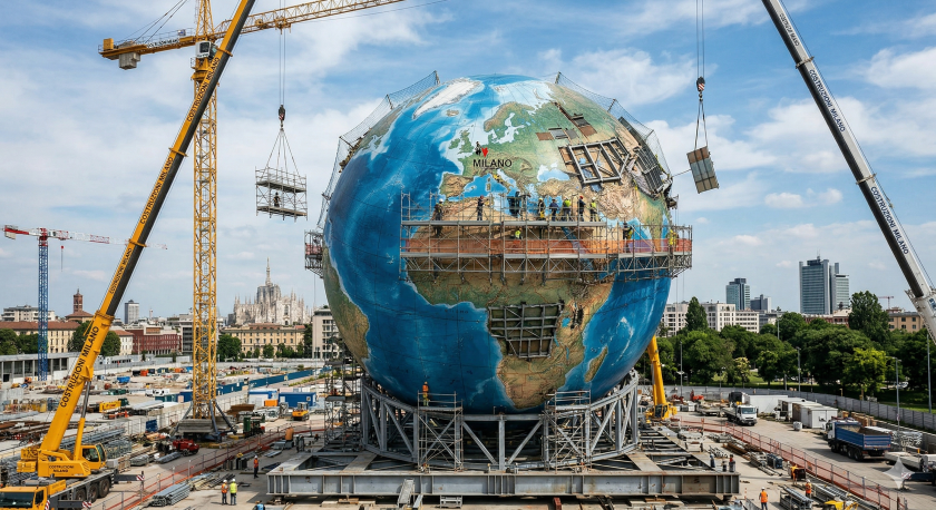Sullo sfondo della vittà di Milano, di cui sono visibili il Duomo e altri palazzi, un enorme globo terrestre circondato da gru e in un cantiere, simboleggia la grande ristrutturazione globale in corso. L'immagine è stata generata dall'IA di Gemini