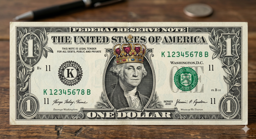 Una banconota da un dollaro, in primo piano, modificata dall'IA di Gemini. L'immagine di George Washington, al centro, indossa una corona