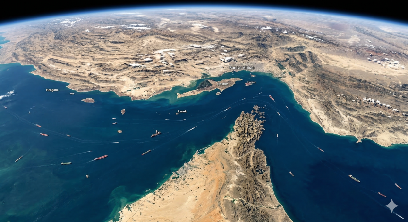 Una fotografia satellitare dello Stretto di Hormuz. L'immagine è stata creata con l'intelligenza artificiale di GeminiAI