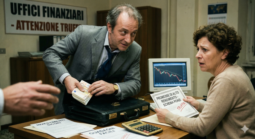 L'immagine rappresenta lo svolgimento di una truffa finanziaria.