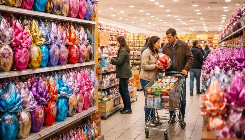 foto all'interno di un supermercato con le uova di pasqua in esposizione, creata con l'intelligenza artificiale di ChatGPT