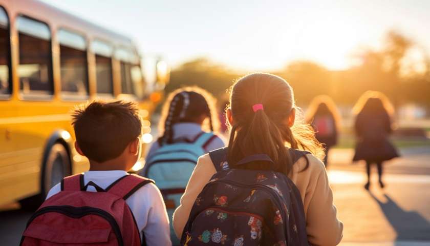 Studenti con zaini salgono sullo scuolabus al tramonto – bonus gite scolastiche 2026 da 150 euro