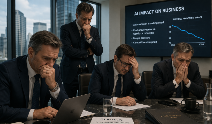 Gruppo di uomini d&rsquo;affari in ufficio osserva con preoccupazione l&rsquo;impatto dell&rsquo;intelligenza artificiale sul lavoro e sui modelli di business aziendali.