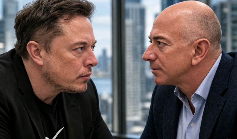 Elon Musk e Jeff Bezos ritratti in primo piano in un’immagine fotografica e realistica