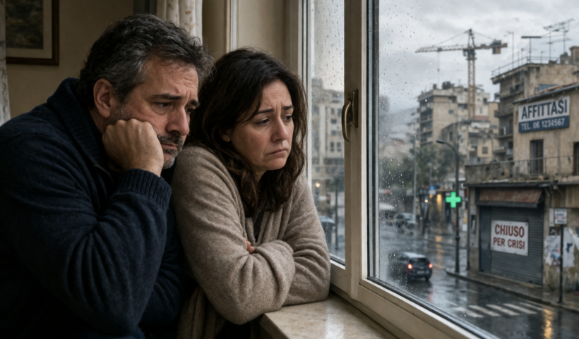 Coppia italiana affacciata alla finestra con espressione triste e preoccupata, in un interno domestico, mentre osserva un contesto urbano grigio e piovoso
