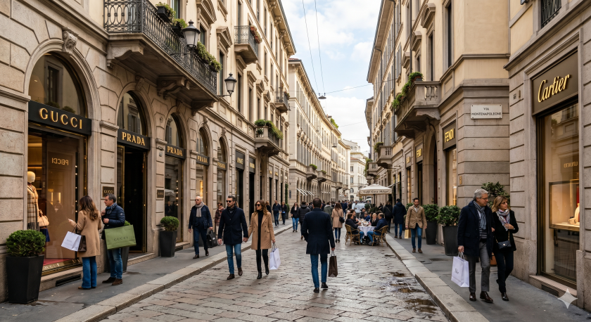 Una via del quadrilatero della moda, a Milano, riprodotta con l'intelligenza artificiale di Gemini