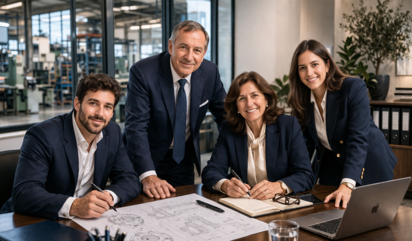 Foto realistica di un’azienda di famiglia: imprenditori eleganti riuniti attorno a un tavolo in ufficio, in un contesto professionale e moderno.