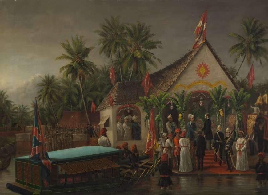 The Maharaja of Travancore and His Youger Brother Welcoming Richard Temple-Grenville di Raja Ravi Varma