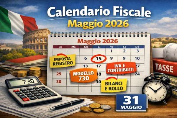 Calendario fiscale maggio 2026 con scadenze IVA, modello 730 e imposta di registro